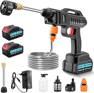 Viugreum Akku Hochdruckreiniger, 21V 100bar Hochdruckpistole Wasserpistole, Tragbarer Hochdruckreiniger Autowäsche mit 6-in-1-Multifunktions Düse, 2 Akkus, 5m Schlauch für Auto, Terrasse, Fenster Pool