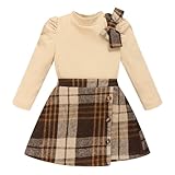 TITKKOP Toddler Girl Plaid Outfits Fall Winter Dress Knit Ribbed Bow Sweatshirt Tops and Button Fashion Skirts Set（apricot+brown,4T
