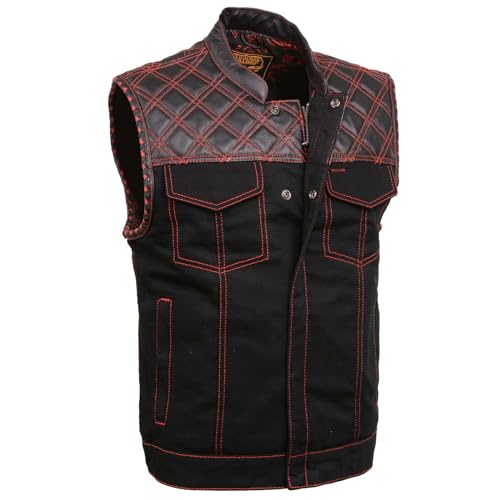 Milwaukee Leather MDM3036 Men's 'Wrecker' Black Denim and Leather Club Style Vest w/Diamond Quilt Design