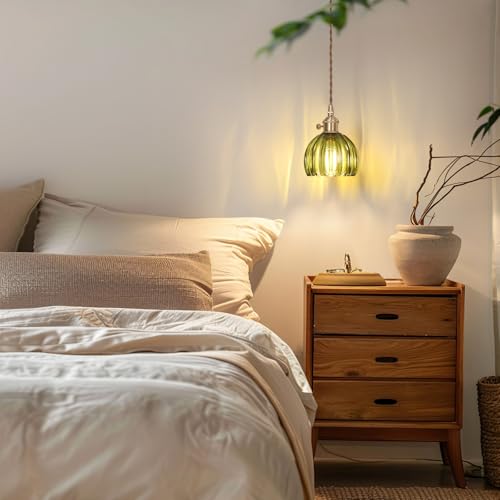 Image of Shenmoyl Pendant Light with Green Tulip Glass Lmapshade, Brass Vintage Pendant Light Adjustable Hanging Light for Kitchen Island Dining Room Hallway