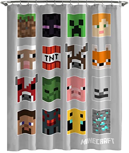 Jay Franco Shower Curtains Minecraft Mobs and Blocks Easy Care Fabric Gamer Bath Curtain Features Creeper (Official Minecraft Product)