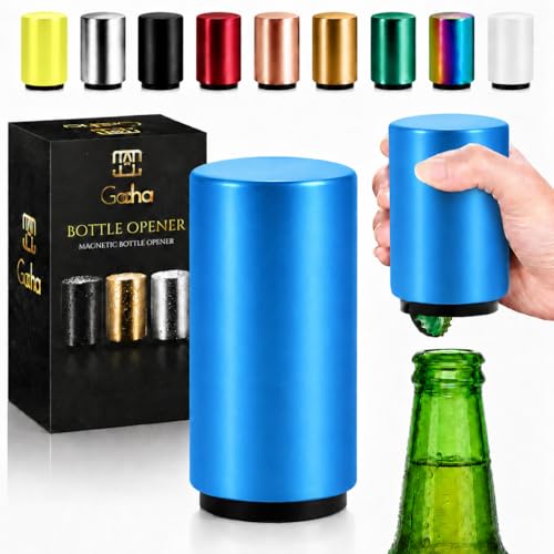 GOCHA Magnetic Bottle Opener with Cap Catcher Automatic Push Down Beer Bottle Opener One Hand Stainless Steel Bar Tool Magnetic Beer Opener for Beer & Soda Bottles Gifts for Men (Blue)