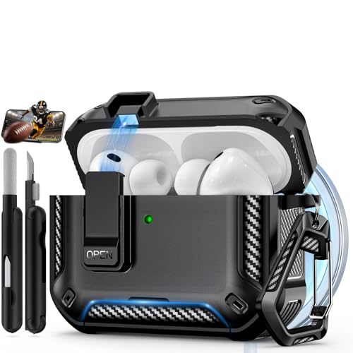 Image of for AirPods Pro 3 Case with Lock & Phone Stand(Black) | Automatic Snap Switch Lock,Carbon Fiber Texture Design Cover with Cleaner Kit,Compatible with MagSafe