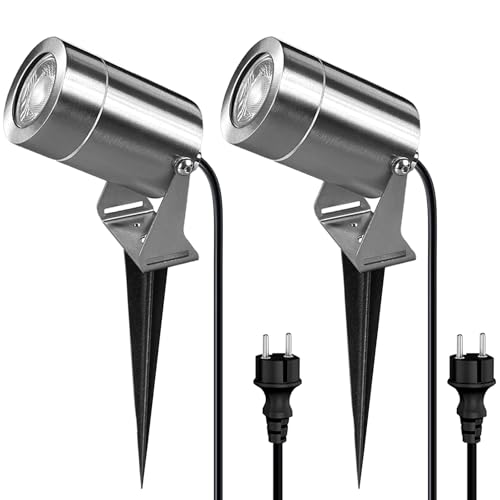 JNR 2 PACK Edelstahl Gartenstrahler LED Außen IP65 Wasserdichte, Gartenleuchten mit Strom 5W GU10 3000K Warmweiß Glühbirne, 2m Kabel mit Stecker Gartenbeleuchtung mit Strom, Silber JNR 2 PACK Edelstahl Gartenstrahler LED Außen IP65 Wasserdichte, Gartenleuchten mit Strom 5W GU10 3000K Warmweiß Glühbirne, 2m Kabel mit Stecker Gartenbeleuchtung mit Strom, Silber