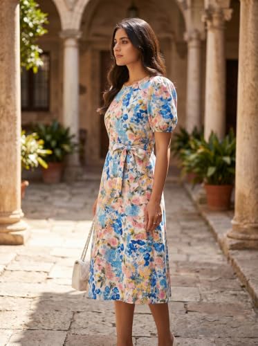 Image of HELLCAT Women Floral Fit & Flare Midi Dress | Round Neck, Puff Short Sleeve, Waist Tie-Up Belt | Casual Brunch Wear, Western One Piece, A-Line Long Frock, Summer Party Outfit