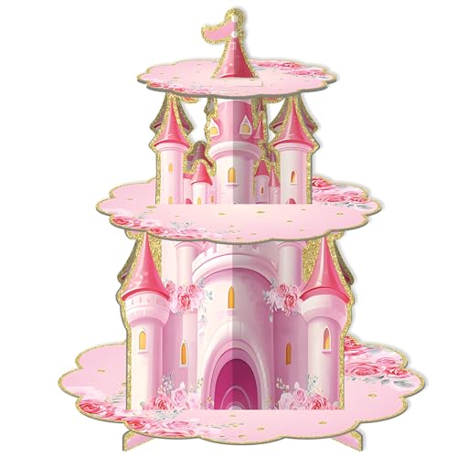 Étagère à cupcake à 3 niveaux - Motif château de princesse - Fleurs roses scintillantes - Décoration de fête de conte de fées - Article d'anniversaire...