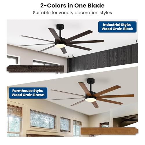 Image of Conciseer 72 Inch Ceiling Fans with Lights, Remote Control, Dual-Color 8 Blades, 24W 3CCT,6-Speed Reversible Quiet DC Motor - Black and Wood Grain for, Living Room, Kitchen Brown