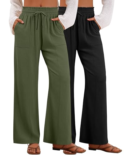 2 Pack Women's Linen Pants Summer Wide Leg Drawstring Elastic Waist Pant Casual Loose Fit Beach Trousers with Pockets(Army Green, Black,Medium)