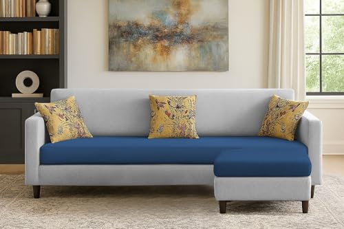 Image of Casaliving Premium Lifestyle Fabric 5 Seater L Shape Sofa Set 4 Seater Modern Sofa Set & Ottoman for Living Room (Blue Grey Color)