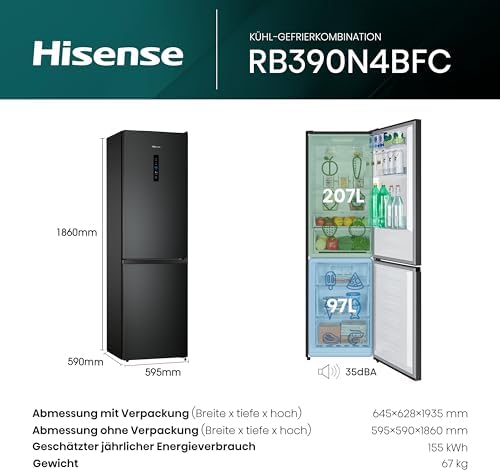 Hisense RB390N4BFC Kühl-Gefrier-Kombination, Total No Frost, Multi Air Flow, LED Display, Gemüsefach, Black Inox, EEK C
