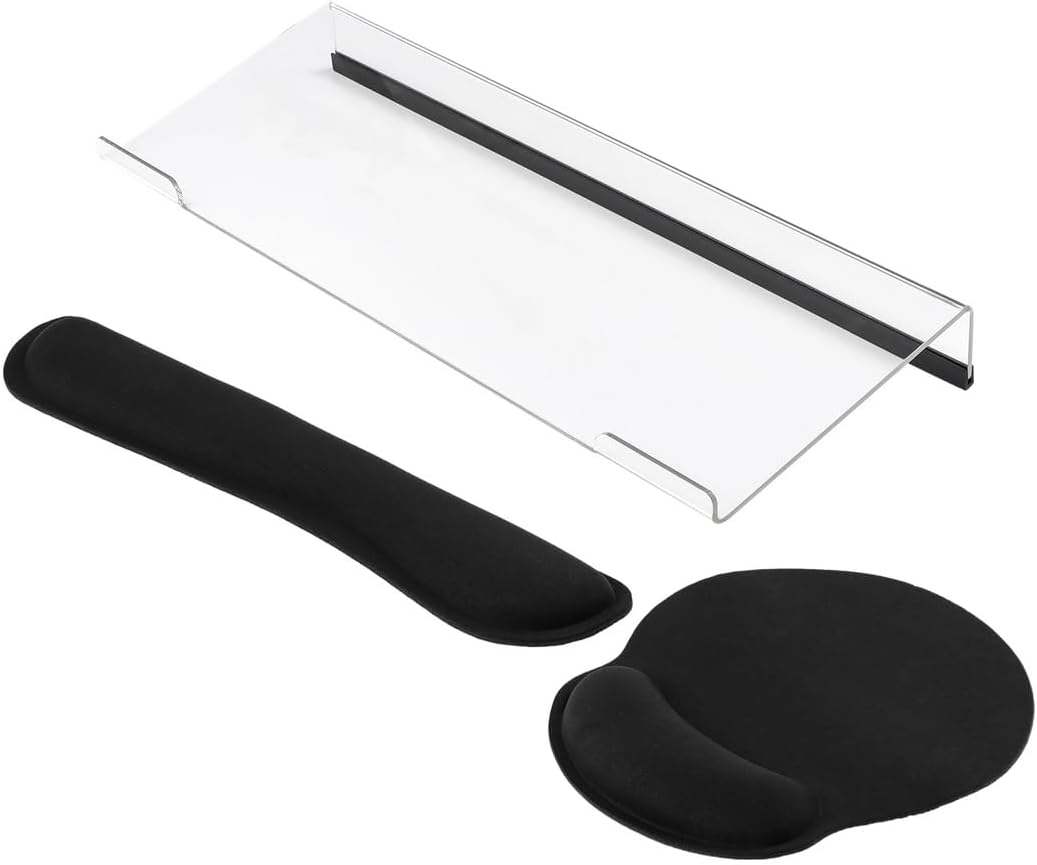 3 Pcs Elevated Acrylic Keyboard Riser Wrist Rest Set Stand, Tilting Non-Slip Mouse Pad Wrist Rest, Keyboard Holder for Typing Ergonomic Working, Memory Foam Wrist Supports