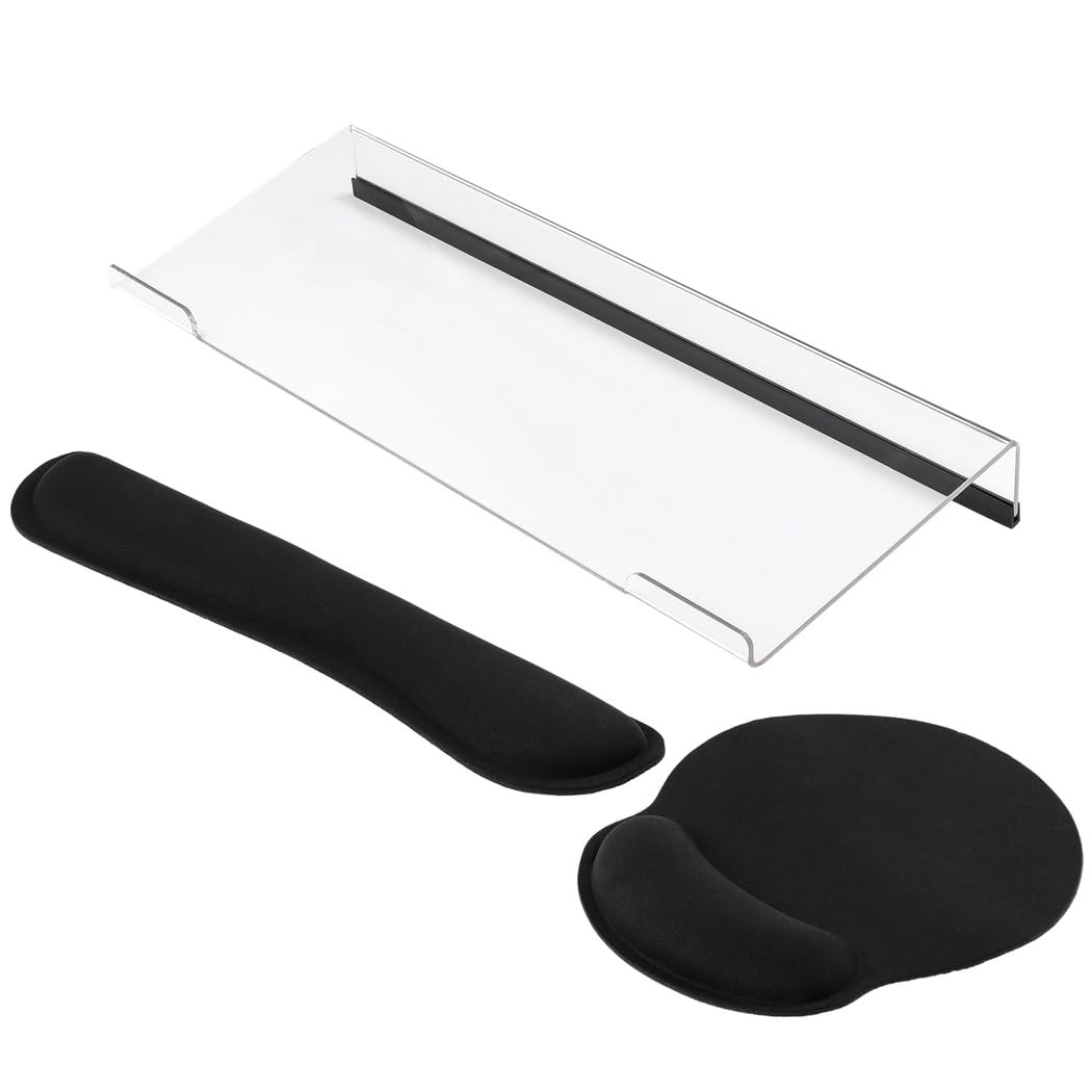 Rialzo per tastiera con poggiapolsi, set da 3 pezzi, supporto per tastiera, tappetino per mouse e poggiapolsi, antiscivolo, in acrilico, supporto inclinato per digitare comodamente, memory foam