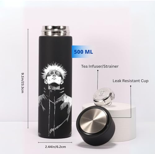 Image of Black Printed Stainless Steel Water Bottle 500ml | Theme Design | Thermos Flask for Hot & Cold Drinks | Leak Proof, Durable, Reusable Bottle for Office, School, Travel (Gojo Satoru B&W Design)