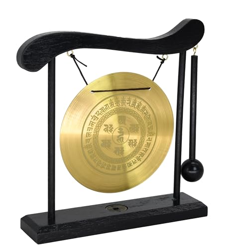Owlgift Feng Shui Desktop Gong Set, Brass Gong Engraved with Om Mani Padme Hum Mantra, Solid Wood...