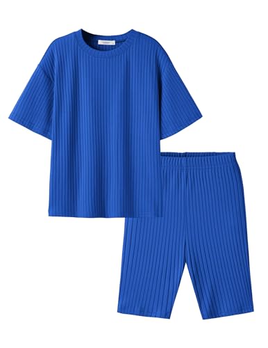 Arshiner Girls 2 Piece Summer Outfits Short Sleeve Ribbed Knit Drop Shoulder T-Shirt and Shorts Set Soft Stretchy Casual Clothes Ages 9-10