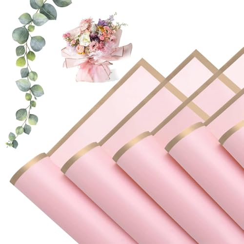 MtnLaur Blumenpapier 20 Blatt, Wasserdicht Blumen Papier, Rosa Geschenkpapier Blumen Verpackungspapier und goldener Rand, Wrapping Paper für DIY Bastelprojekte Hochzeitsgeburtstagsgeschenke (Pink)