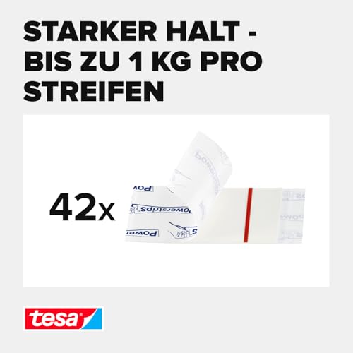 tesa Powerstrips Small im 3er Pack - Doppelseitige Klebestreifen zur Montage von Gegenständen auf glatten Oberflächen - Bis zu 1 kg Halteleistung - insgesamt 42 Powerstrips