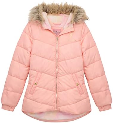 Juicy Couture Girls Puffer Jacket, Novelty Fur Lined Bubble Kids Coat with Tie Dye Interior, Pink, Small