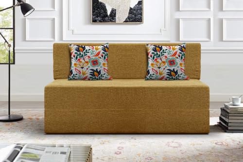 Image of Los Angeles Foldable Two Seater Sofa Cum Bed, Sofa Bed 4 X 6 Feet Jute Fabric Washable Cover- Including Cushion Perfect for Living Room - Golden