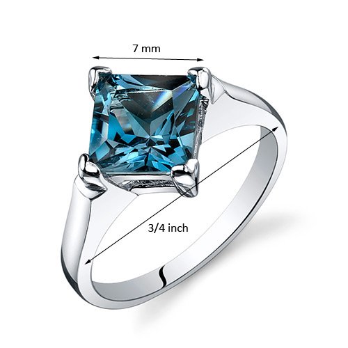PEORA London Blue Topaz Engagement Ring for Women 925 Sterling Silver, Natural Gemstone, 2 Carats Princess Cut 7mm, Comfort Fit, Sizes 5 to 93