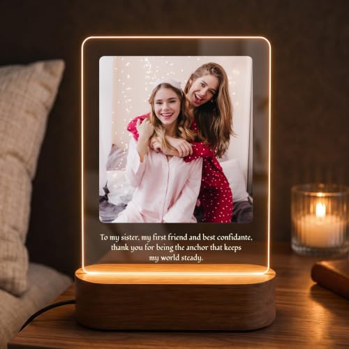 Image of Giftplease Personalised Photo Acrylic Frame with Wooden LED Base - Custom Picture Desk Display for Sister, Unique Raksha Bandhan Gift for Sister from Brother, Birthday, Anniversary & Keepsake Decor