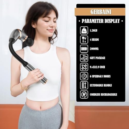 Image of Handheld Deep Tissue Massage Gun with Long Reach Handle | 4 Interchangeable Massage Heads | 6 Speed Levels & 3 Massage Modes | Cordless Rechargeable Percussion Massager for Neck, Back, Shoulders, Legs & Feet