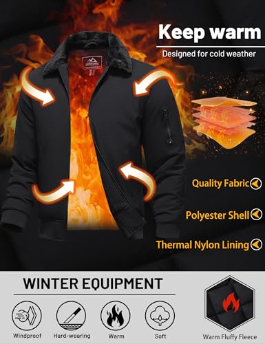 Image of TACVASEN Men's Fleece Jacket Full Zip Up Warm Bomber Jackets for Daily Wear | Winter thick jacket coat for men , fur collared bomber style with 4ple pockets for travel, outdoor walking