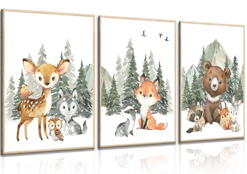 3Pcs Woodland Animal Nursery Canvas Wall Art Forest Adventure Theme Animals Picture Posters Wall Decor Cute Watercolor Deer Bear Fox Painting Print Artwork for Kids Baby Bedroom Decor 12x16in Unframed