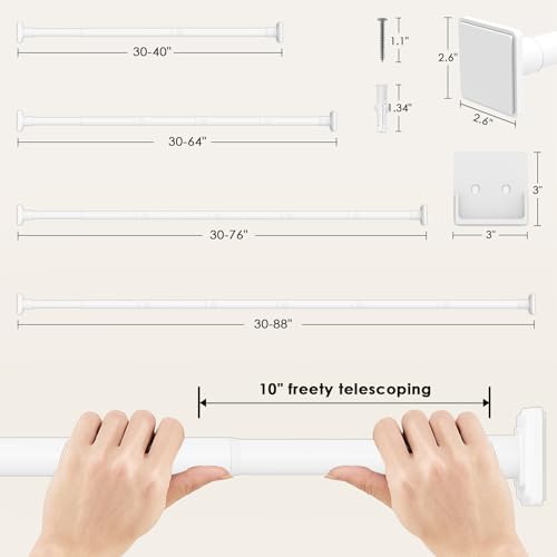 Image of White Shower Curtain Rod,Spring Tension Curtain Rod 30-40 inch,No Drill or Screw Installation Shower Rod for Bathroom, Closet, Kitchen with Brackets