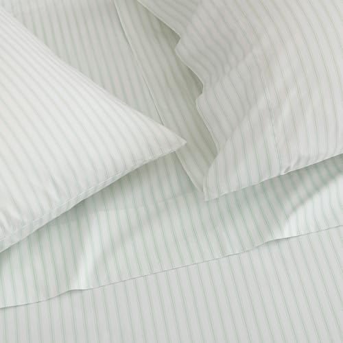 Image of Martha Stewart - Twin XL Size Sheet Set, Breathable Cotton Percale Bedding with Matching Pillowcase, Fully Elastic Fitted Sheet, Deep Pocket, Crisp & Cooling All-Season Comfort (Ticking Stripe Green)