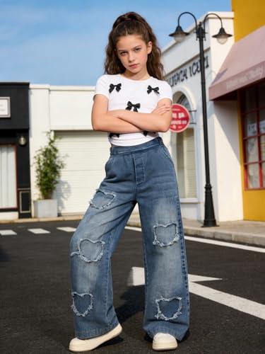Image of Size 7-14 Years Girls 2 Piece Outfits Bow Short-Sleeved Top and Jeans Pants Clothing Set