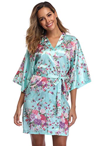 Feelia Women's Short Silky Robes Floral Kimono Bathrobes Lightweight Satin Bridesmaid Nightgown Wedding Party