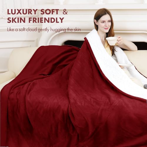 Electric Heated Throw Blanket 50" x 60" - Soft Flannel Sherpa Electric Heated Blanket with 5 Heating Levels & 4 Hours Auto Off, Heating Blanket as a Gift for Grandma, Machine Washable (Red)