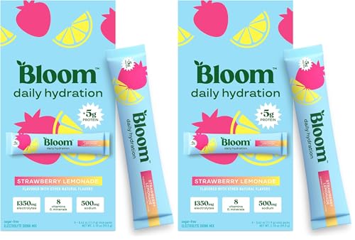 Image of Bloom Daily Hydration Electrolyte Powder Packets with Collagen, 5g Protein, Electrolytes, Vitamins & Minerals, Sugar Free Drink Mix, Strawberry Lemonade, 5 Count (Pack of 2)