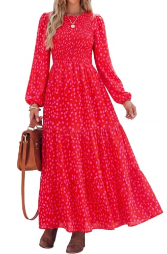 Image of PRETTYGARDEN Women's Fall Dresses 2026 Long Sleeve Flowy Casual Floral Maxi Dress Crew Neck Smocked Tiered Long Dress
