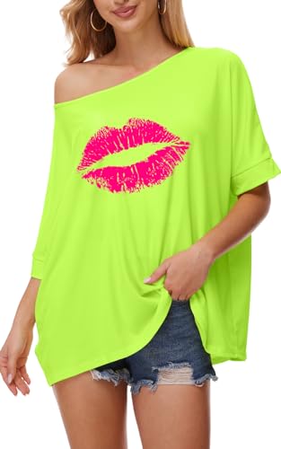 Yisfri Women's Off The Shoulder Tunics Blouses Neon Batwing Summer Print T Shirts