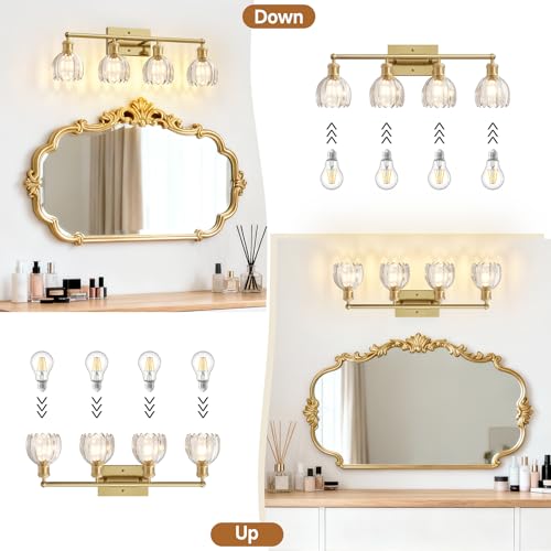 Image of 4 Light 27.2 in Bathroom Vanity Light,Rustic Brass Bathroom Lighting Fixtures Over Mirror, Vintage Vanity Mirror Lights Clear Tulip Glass Wall Sconce for Living Room,Bedroom,Hallway,E26 Base