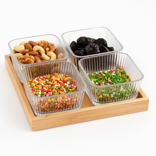 Image of 250ml Glass Serving Bowl Set of 4 with Bamboo Tray | Snack, Dry Fruit, Mukhwas & Candy Bowls for Dining Table | Transparent Glass Katori Set