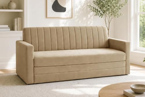 Image of 3 Seater Sofa Cum Bed with Armrest, Velvet Fabric Sofa for Living Room, Space Saving Foldable Sleeper Sofa, (Golden)