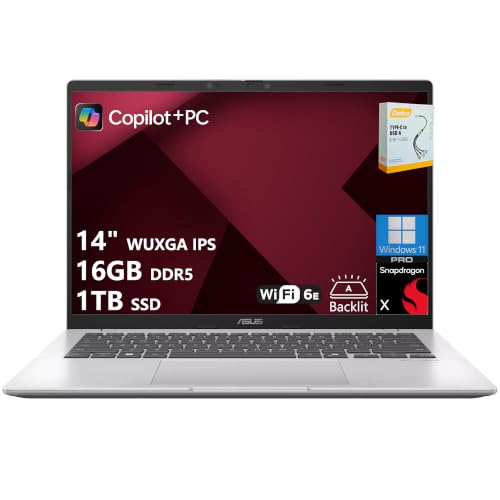 Image of ASUS Vivobook 14 Professional AI Laptop | 14 inch WUXGA IPS Anti-Glare | 8-core Snapdragon X (Up to 45 NPU Tops) | 16GB DDR5 1TB SSD | Backlit USB4 WiFi 6E Long Battery Life Win11 Pro w /DLCA Accessory