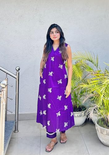 Image of MOKOSH Women's Cotton Embroidered & Hand Work Kurta Pant Set | Co-ords Set | Embroidery & Hand Work | Indian Kurta Outfit With Pant |2 Piece Outfit | V Neck Sleeveless