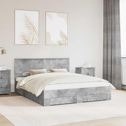 Tonture Marco de cama con cabecero de hormigón, gris, 160 x 200 cm, tamaño king, de madera, plataforma con espacio de almacenamiento, moderno mueble de dormitorio para 2 personas