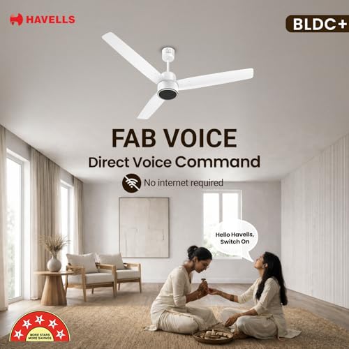 Image of Havells FAB Voice BLDC 1200 mm Ceiling Fan|Direct Voice Command| 5 Star| Upto 65% Saving| Air Delivery: 235 cmm| Low Noise|4 Speed Mode| 380 RPM| 2 Years Manufacturer Warranty (Elegant White)