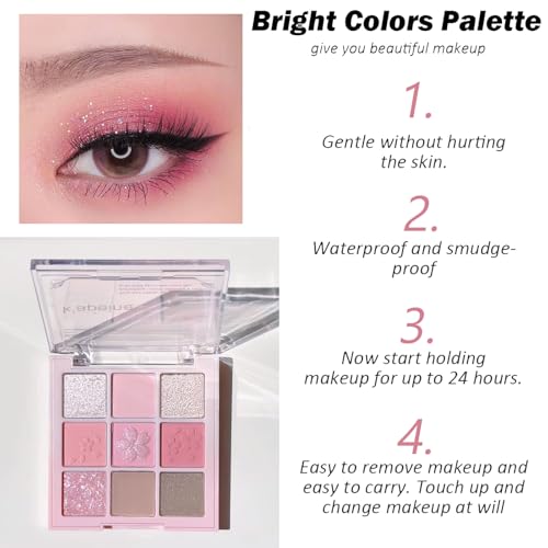 Pink Eyeshadow Palette 9 Colour Glitter Matte & Shimmer Pink Brown Eye Shadow Pallets For Women, Long Lasting Highly Pigmented Eyeshadow Make-Up Palettes Waterproof Blendable Glitter Eyeshadow - Image 3