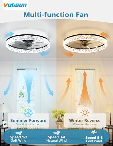 Image of VOLISUN Low Profile Ceiling Fan with Lights and Remote, No Assembly, 20in Modern Ceiling Fans Flush Mount, 3000K-6500K Dimmable Bladeless LED Fan Light, Black Fandelier Ceiling Fans for Bedroom