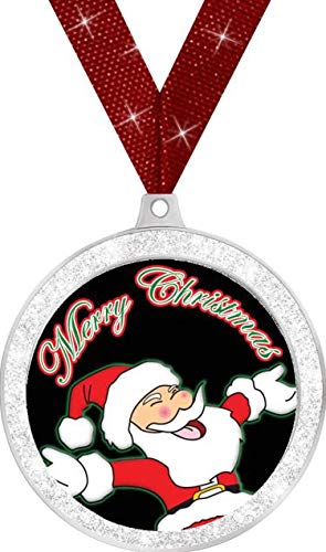 Crown Awards Christmas Medals - 2 1/2" Silver Glitter Merry Christmas Santa Medals 1 Pack