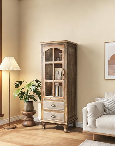 Image of Vintage Tall Wood Storage Cabinet with Glass Door and Drawers - Single Door Display Cabinet for Living Room, Office, or Entryway