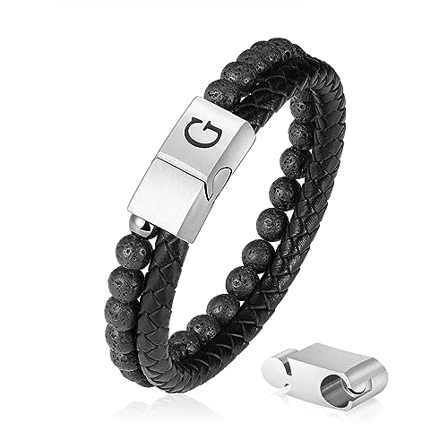 Pulsera de cuero con piedras de lava y cierre magnético miniatura 1
