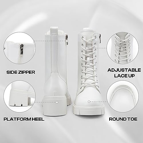 Vepose Women's Mid Calf Combat Boots Lace-up Elastic Chunky Platform Boot with Side Zipper3