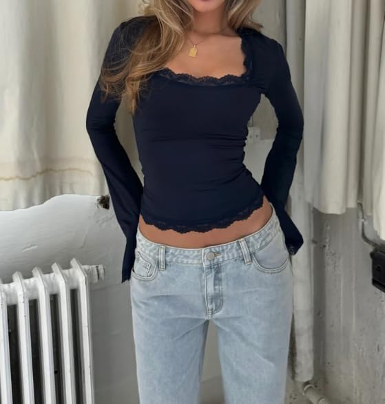 Women Square Neck Lace Long Sleeve Top Y2k Lace Trim Slim Fit Basic Blouse Casual Fall Going Out Trendy Shirts - Image 4